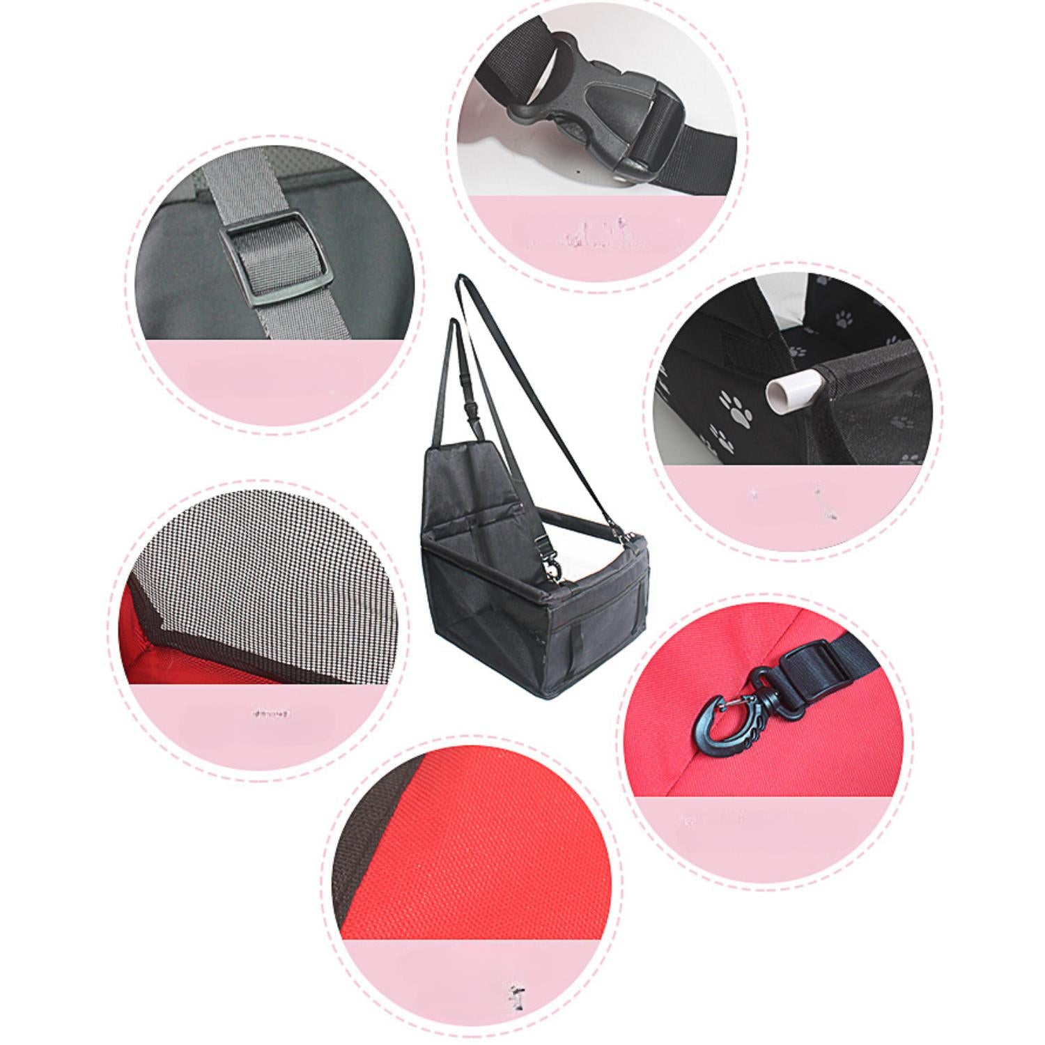 Afbeelding van een zwarte autostoel voor honden met close ups van verschillende onderdelen